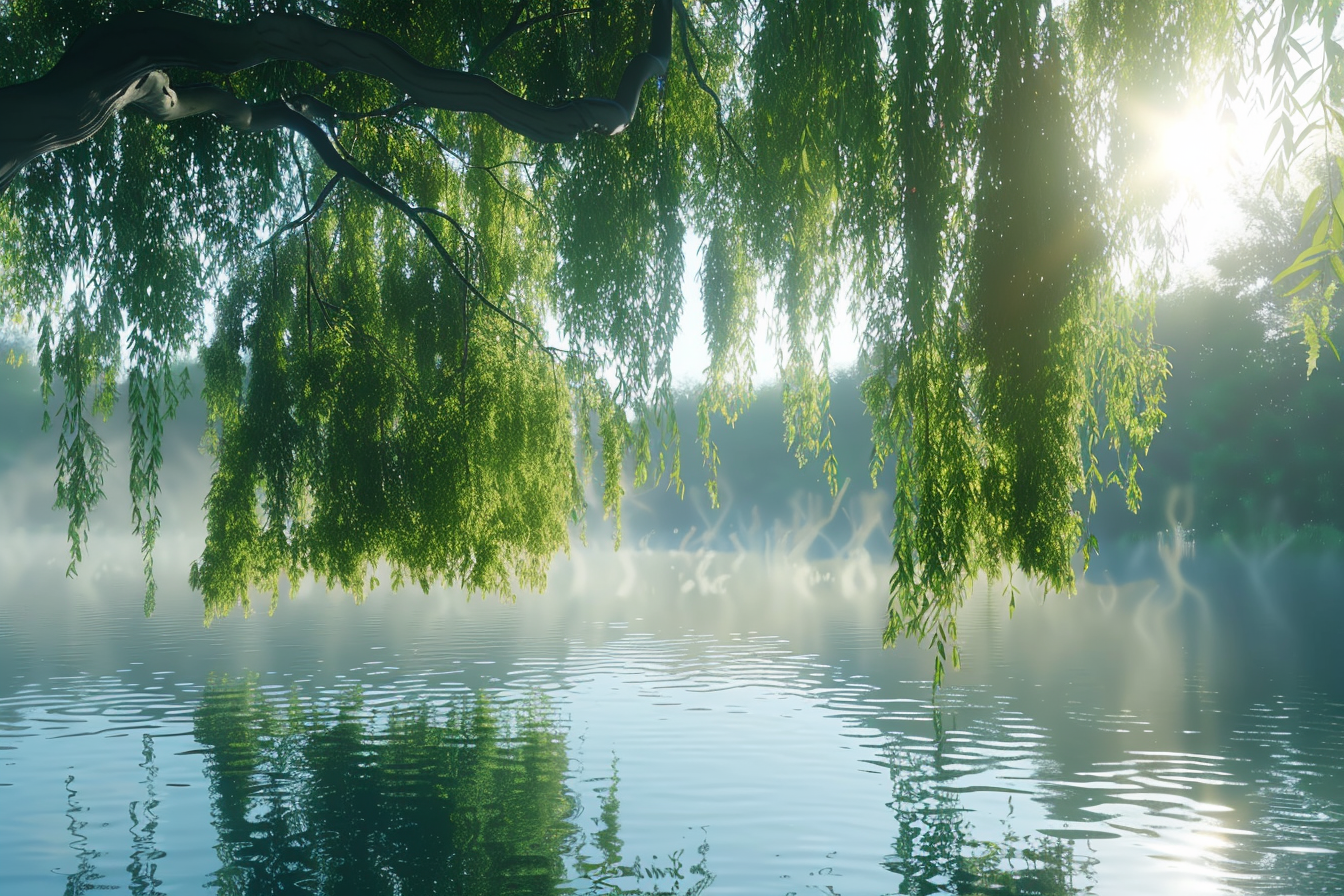 Ruhige Natur mit Trauerweide und sanftem Licht