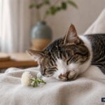 Mit KI erstelltes Bild einer ruhenden Katze auf einer hellen Decke