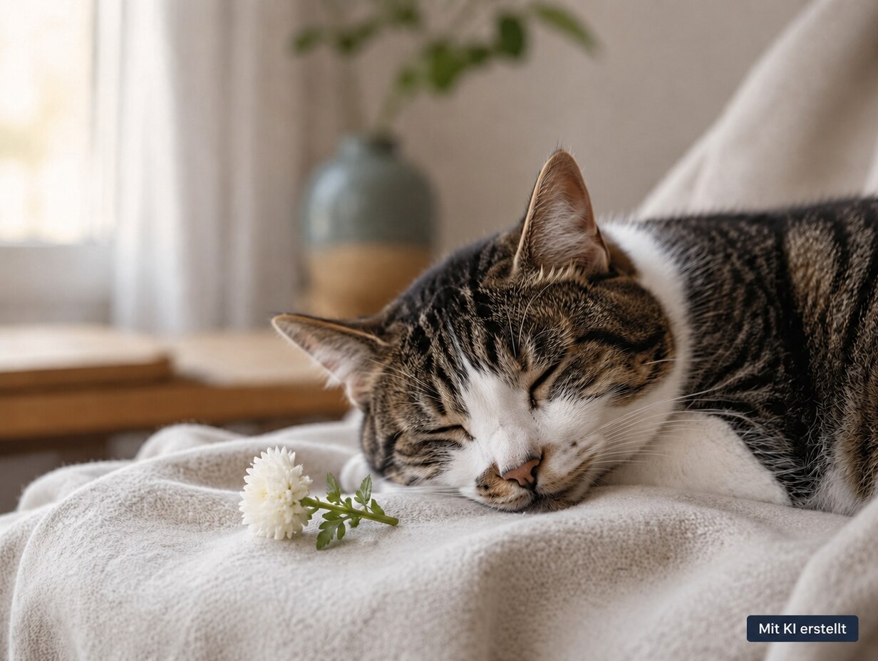 Mit KI erstelltes Bild einer ruhenden Katze auf einer hellen Decke